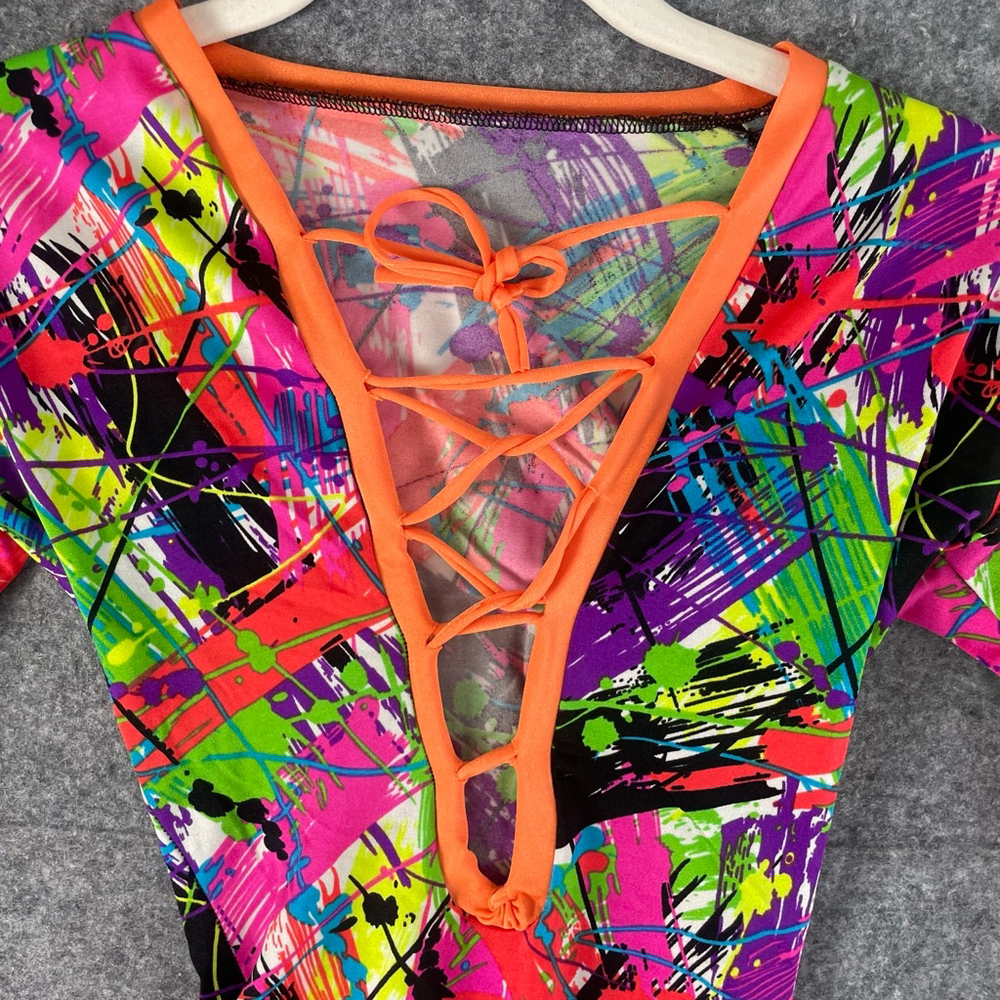 Unbranded Neon Splatter Bodysuit Womens S 80s Rave Festival Lace Up Plunge - Picture 3 of 7
